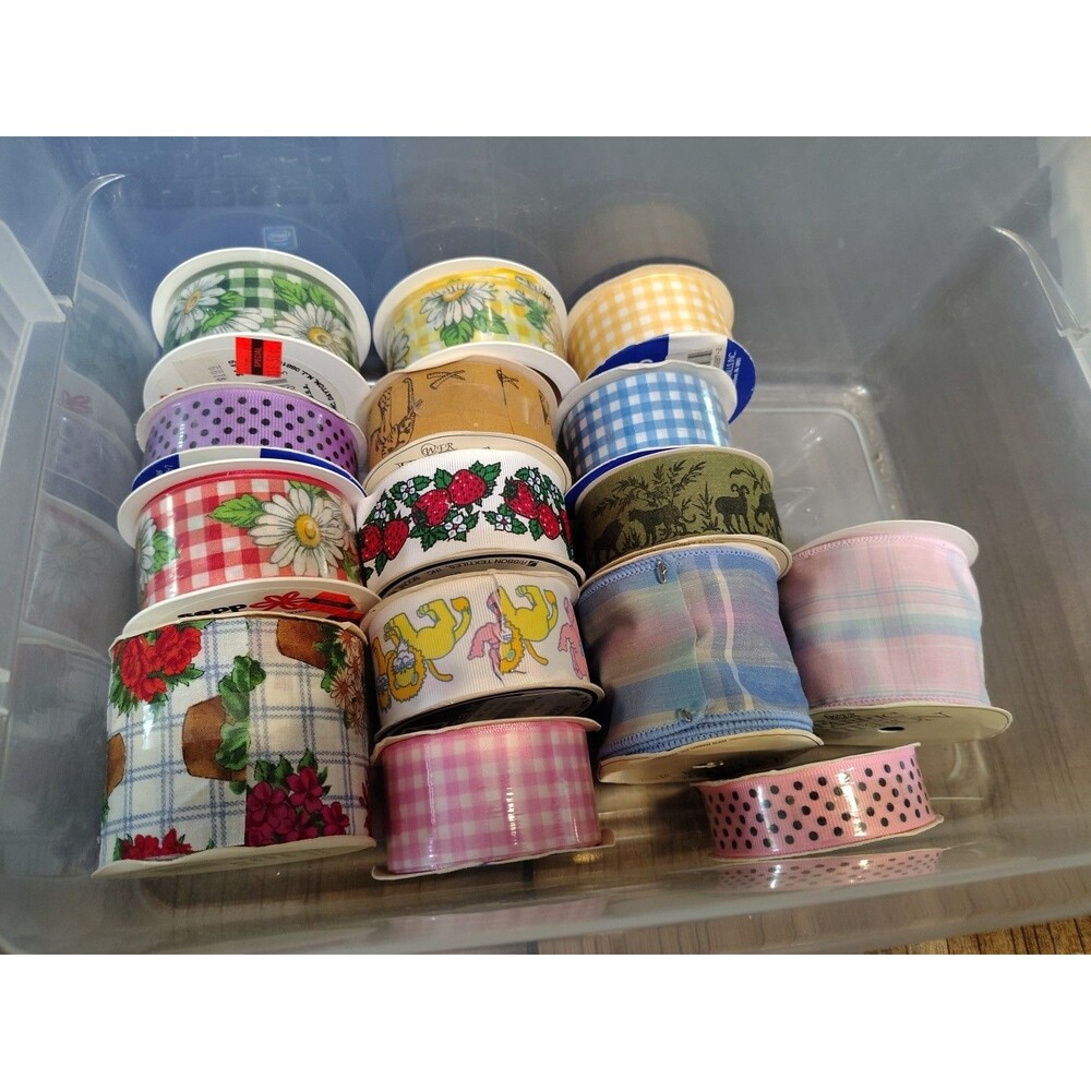 Lot Of 15 Spools Of Gingham Animals Flowers Dots  Fabric Ribbon Various Rolls